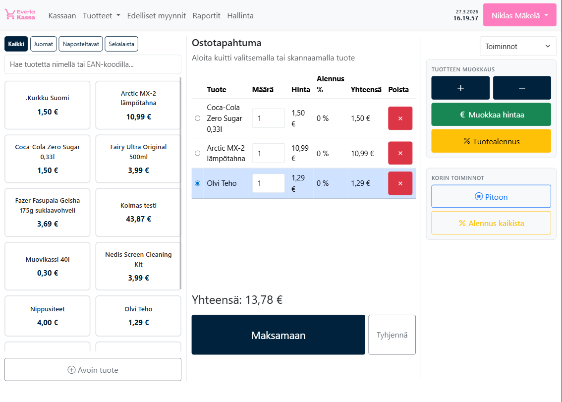 Everia Kassa käyttöliittymä